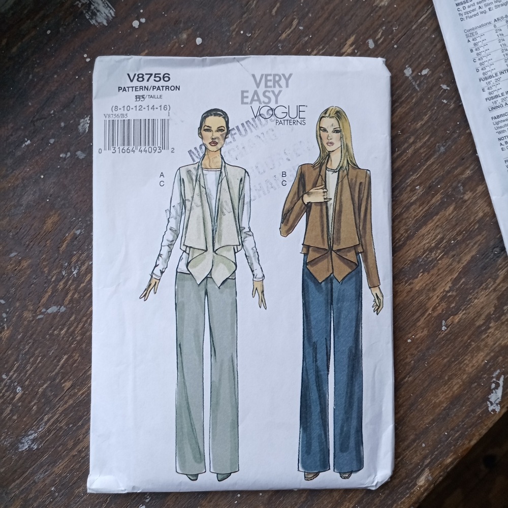 Vogue Patterns V8756 Sewing Pattern Size 8-16 Cut Jacket and Pants